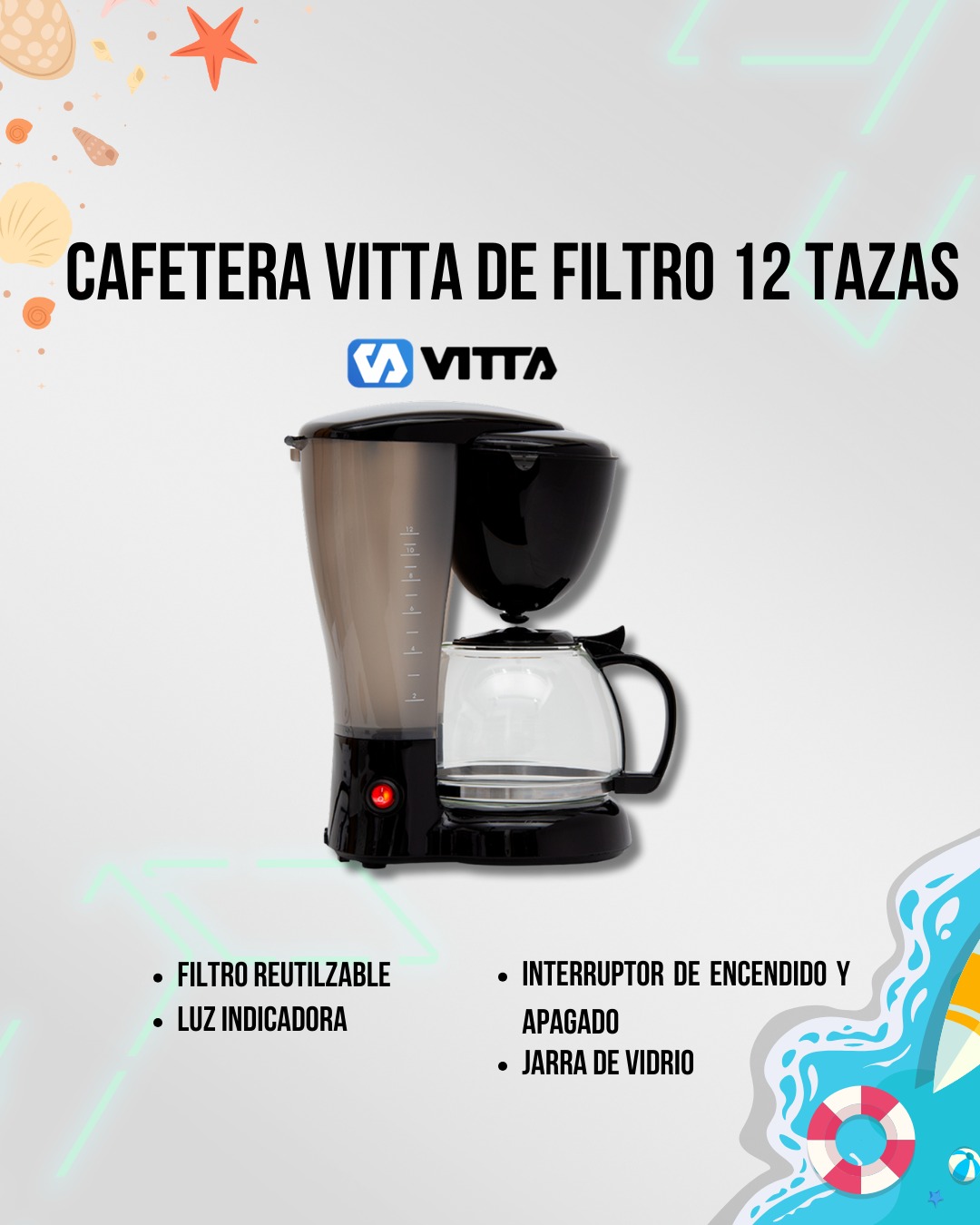 Cafetera VITTA de filtro. Capacidad 12 tazas. Filtro reutilizable. Luz indicadora de funcionamiento y jarra de vidrio.